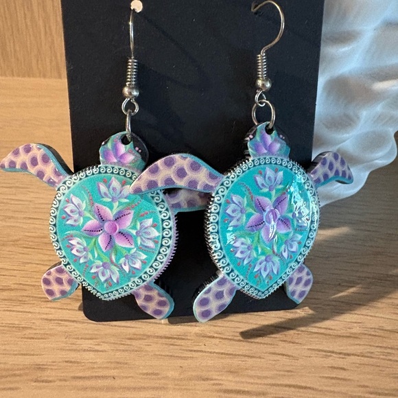 Turquoise and Purple Turtle Earrings - Picture 1 of 1